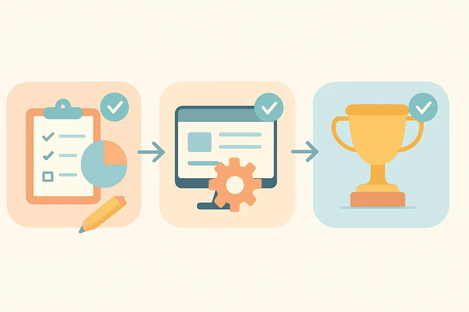 Flat vector illustration of three connected project stages each carrying a completion checkmark