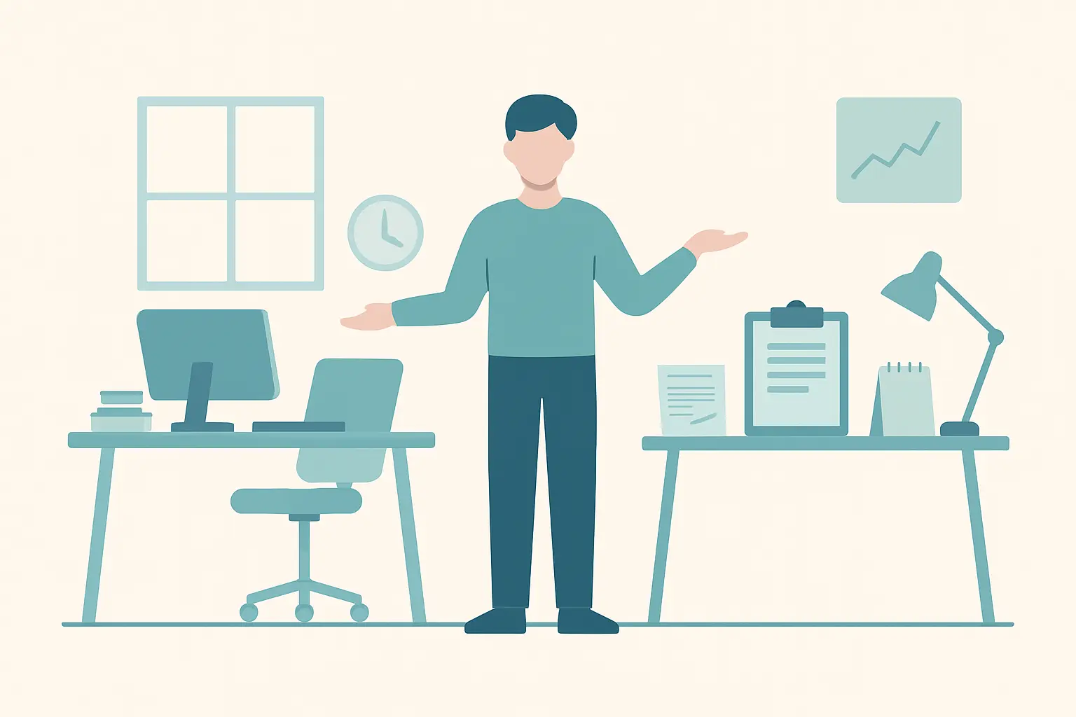 Flat vector illustration of a researcher standing between a workplace setting and a research setting