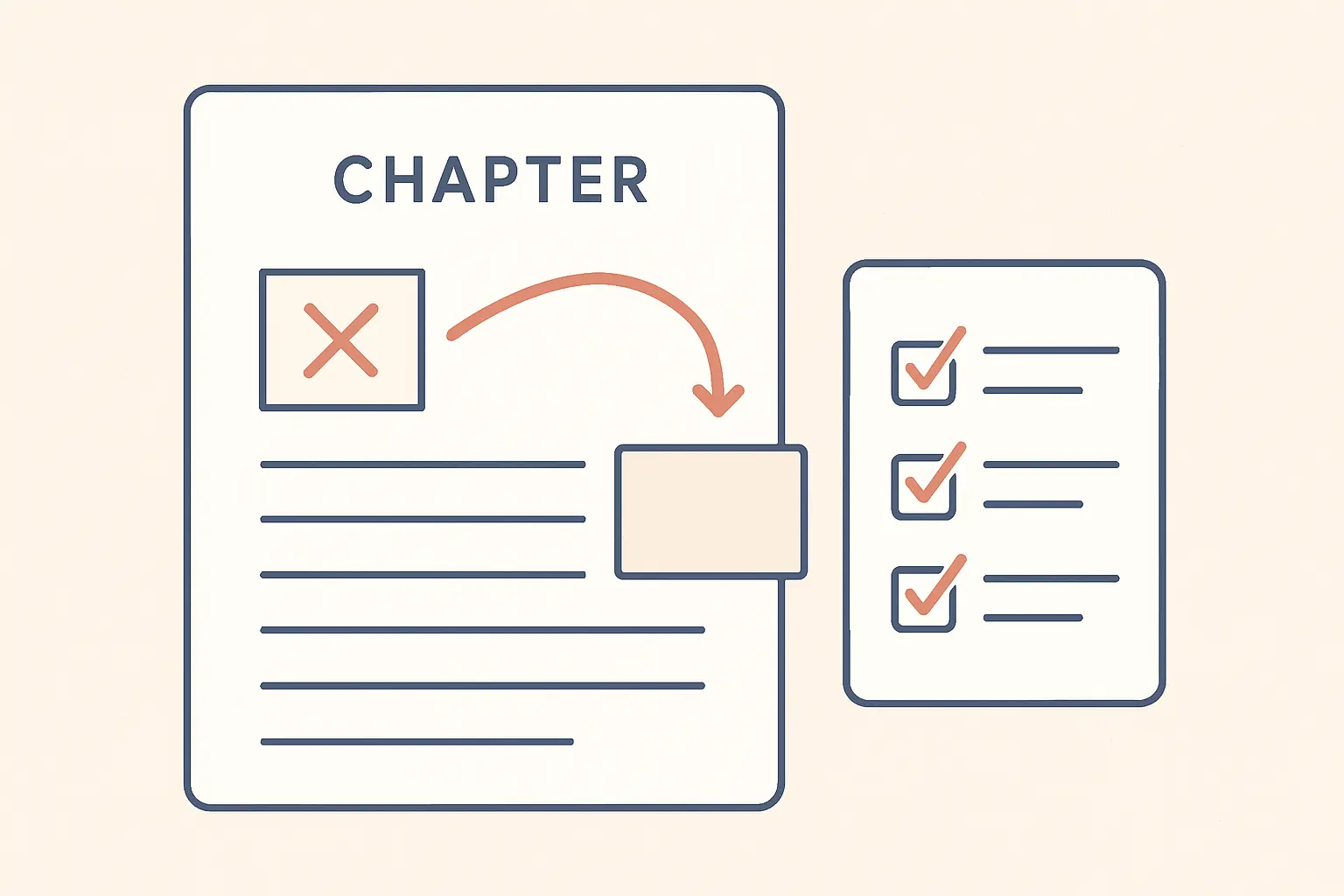 Flat vector illustration of a discussion chapter being restructured around a null finding
