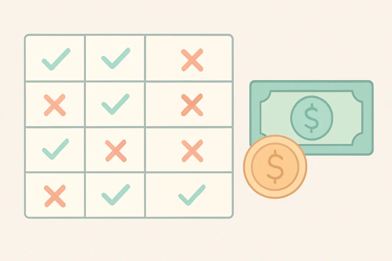 Flat vector comparison grid with ticks and crosses showing which study routes attract which student finance entitlements