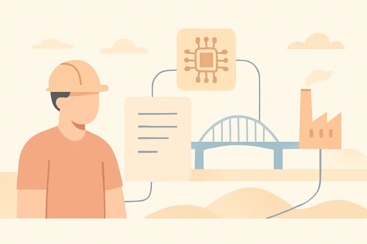 Flat vector illustration of an engineer with a report linked to icons of a bridge, circuit board and factory