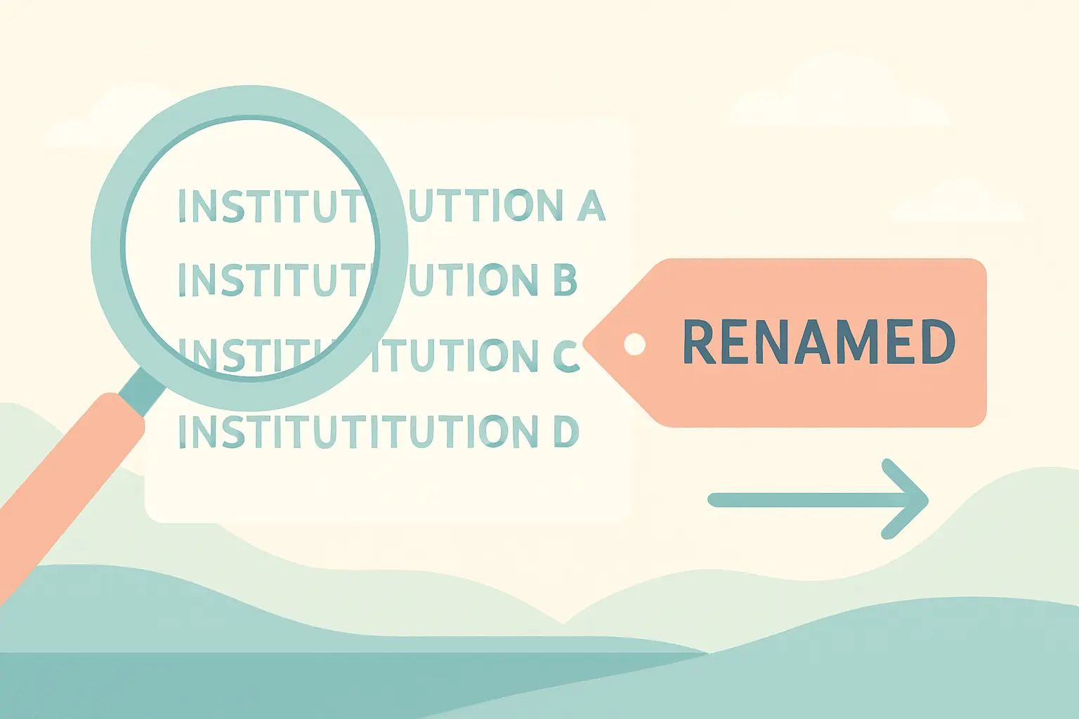 Flat vector illustration of a magnifying glass over a list of institution names beside a rename tag