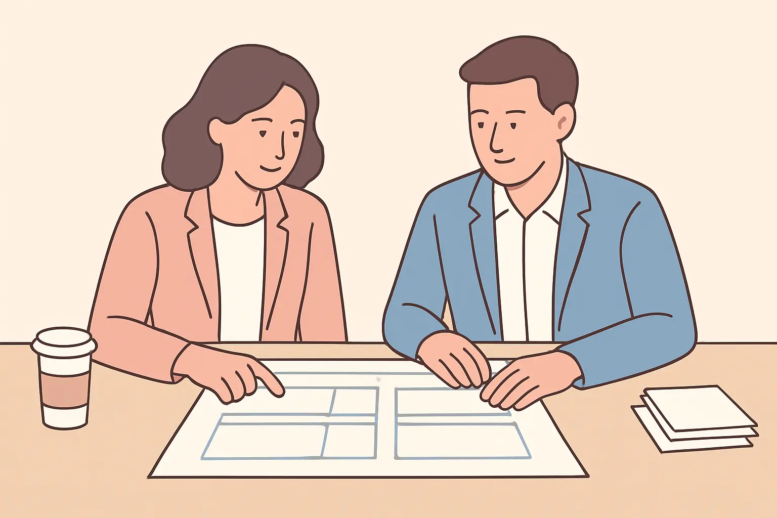Flat vector illustration of a student and supervisor reviewing a chapter outline spread across a desk