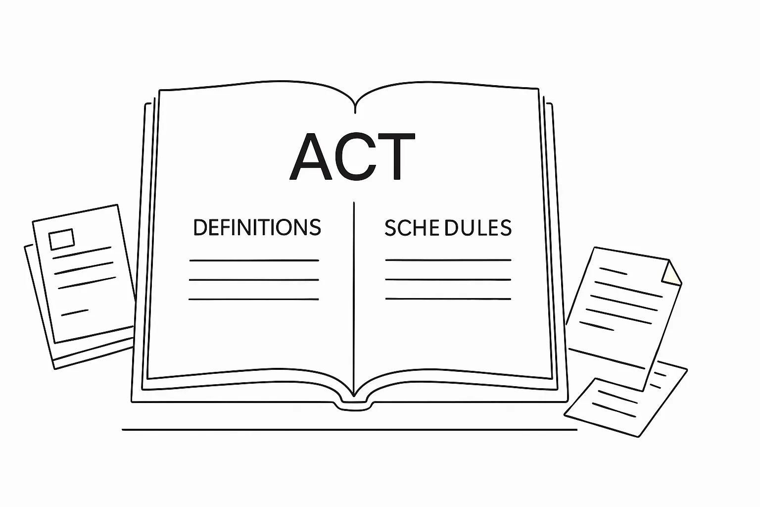 Line art illustration contrasting materials inside an Act with supporting documents outside it