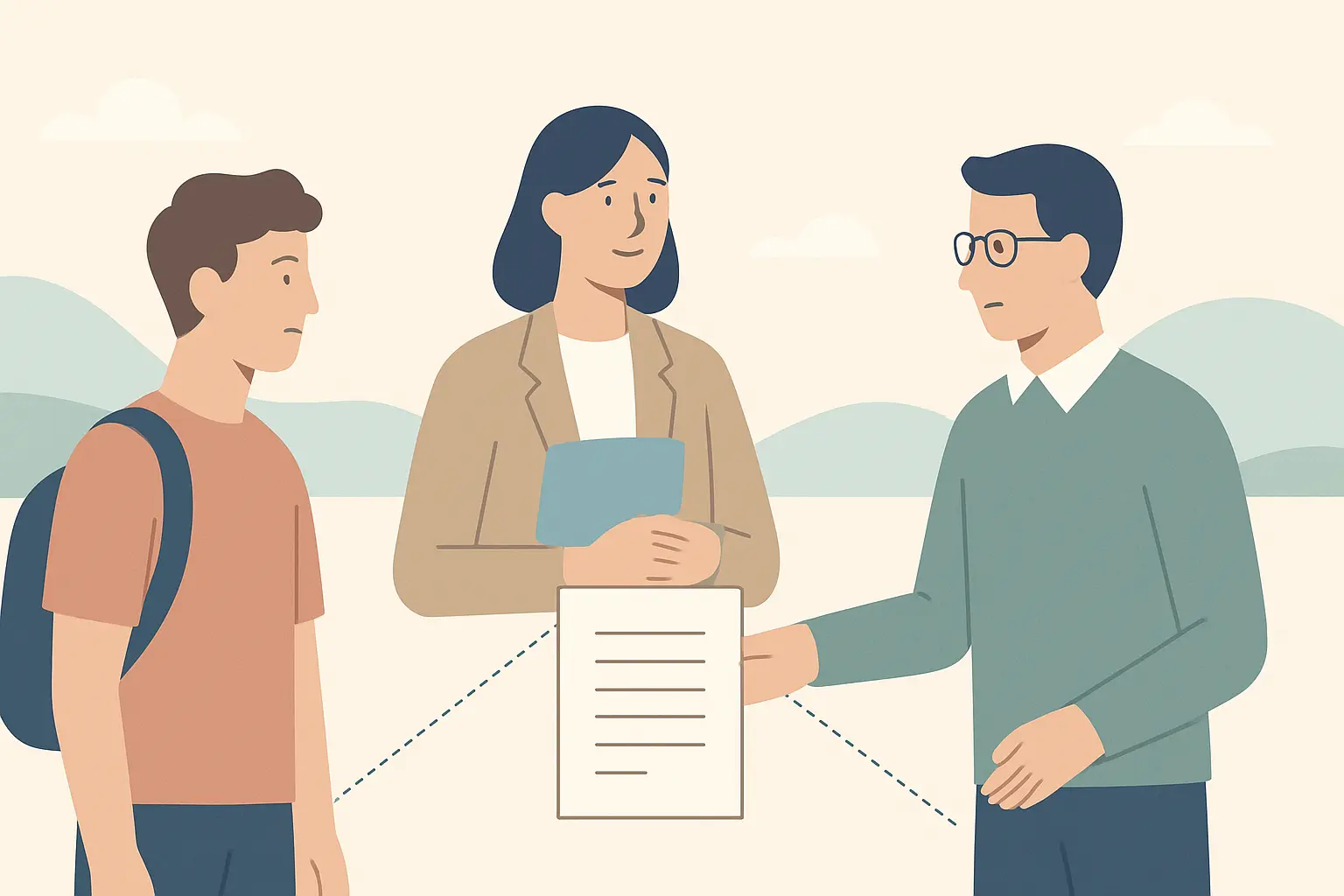 Flat vector illustration of a learner, an employer and a university tutor around a shared agreement document