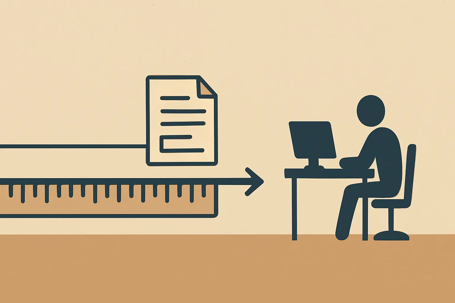 Flat vector illustration of a horizontal measuring bar with a threshold mark, showing an over-length document routed onward to a second reviewer