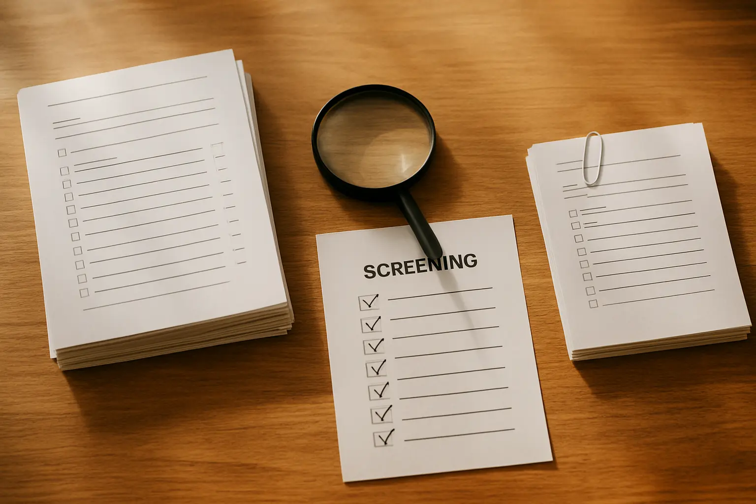 Two separated stacks of questionnaire responses on a desk beside a magnifying glass and a screening checklist