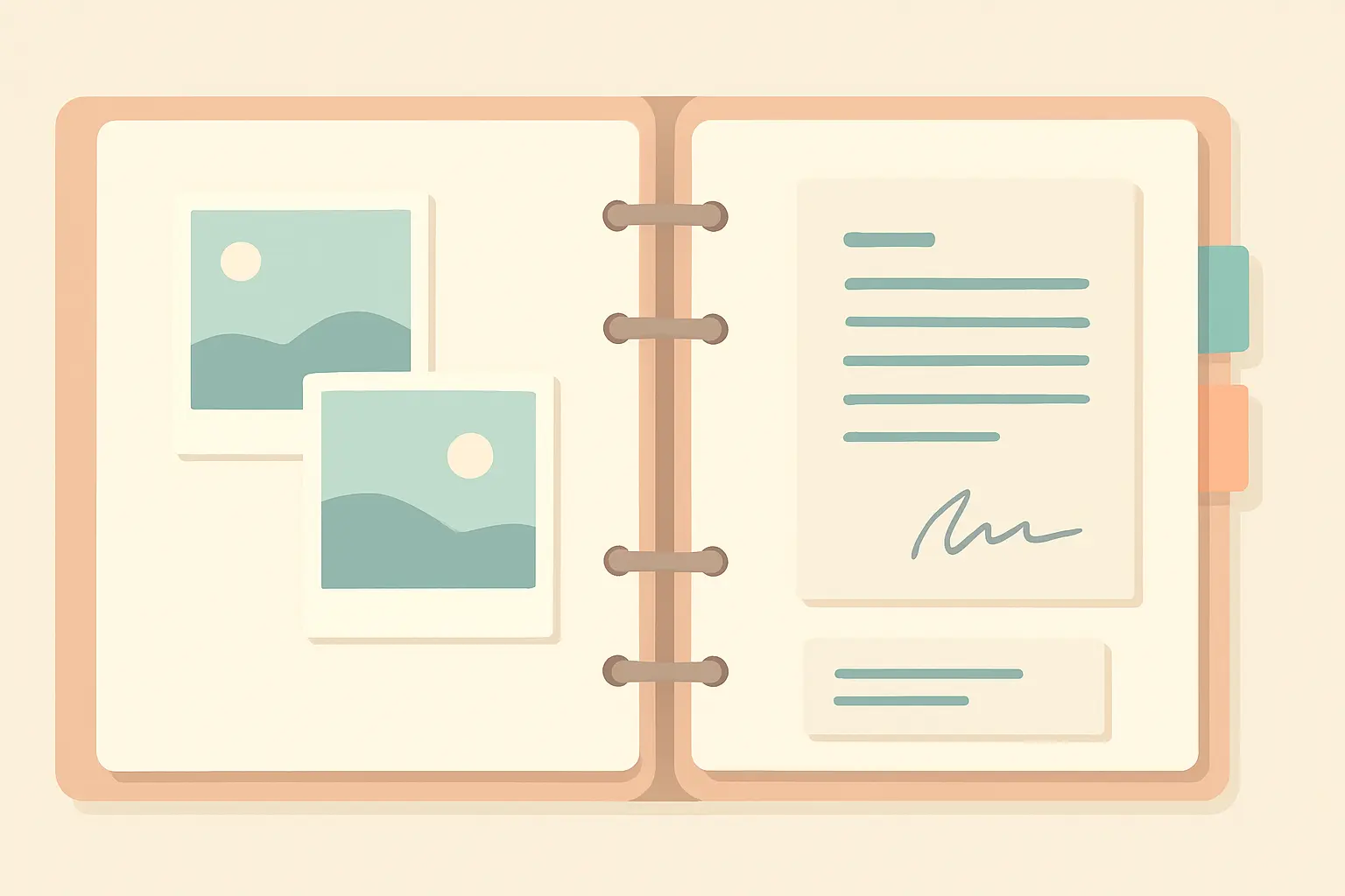 Flat vector illustration of an open ring binder containing tabbed dividers, photographs, a signed form and a written statement