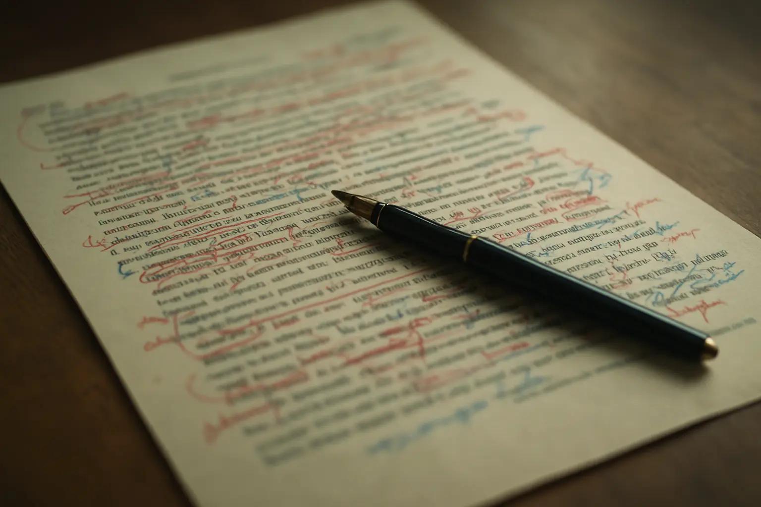 Printed thesis page covered in handwritten language corrections