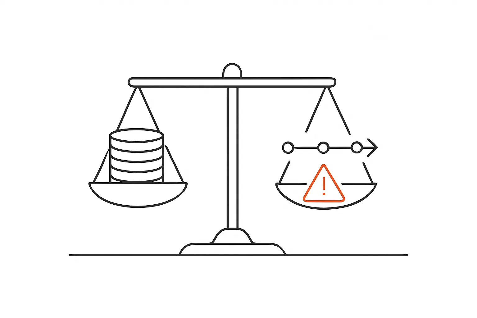 Line art illustration of a balance scale weighing course funding against a shortened programme