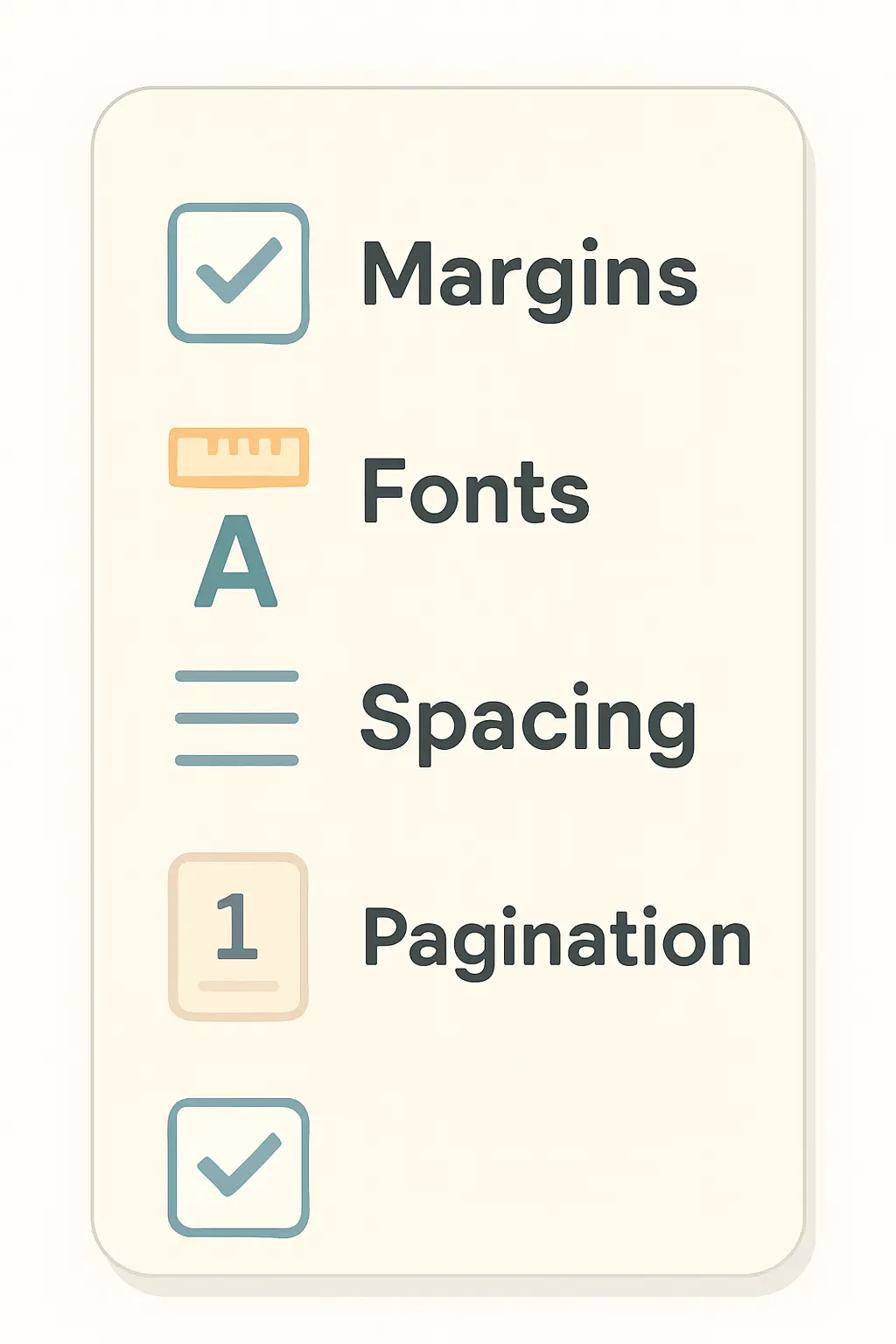 Checklist for confirming thesis format compliance before submission: margins, fonts, spacing and pagination