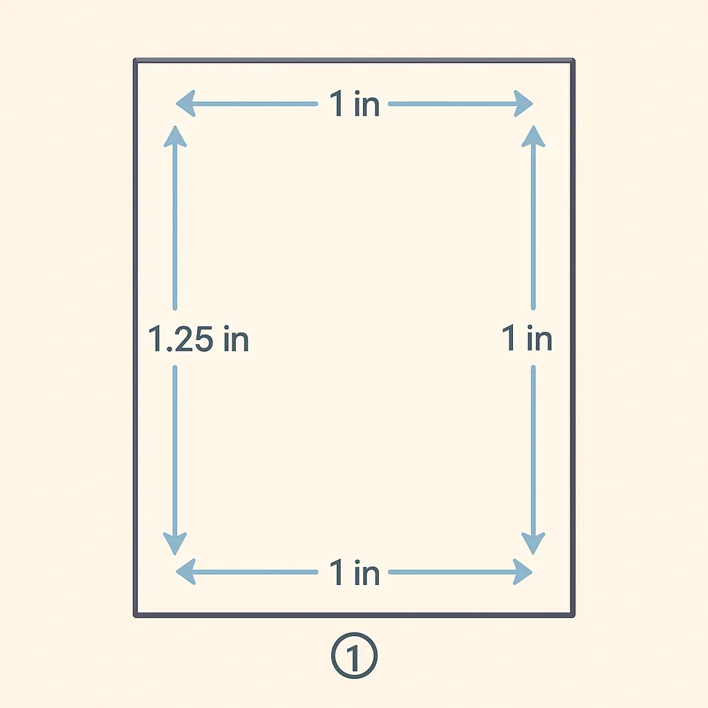 Diagram of ASU thesis page margins: 1.25 inches left and right, 1 inch top and bottom