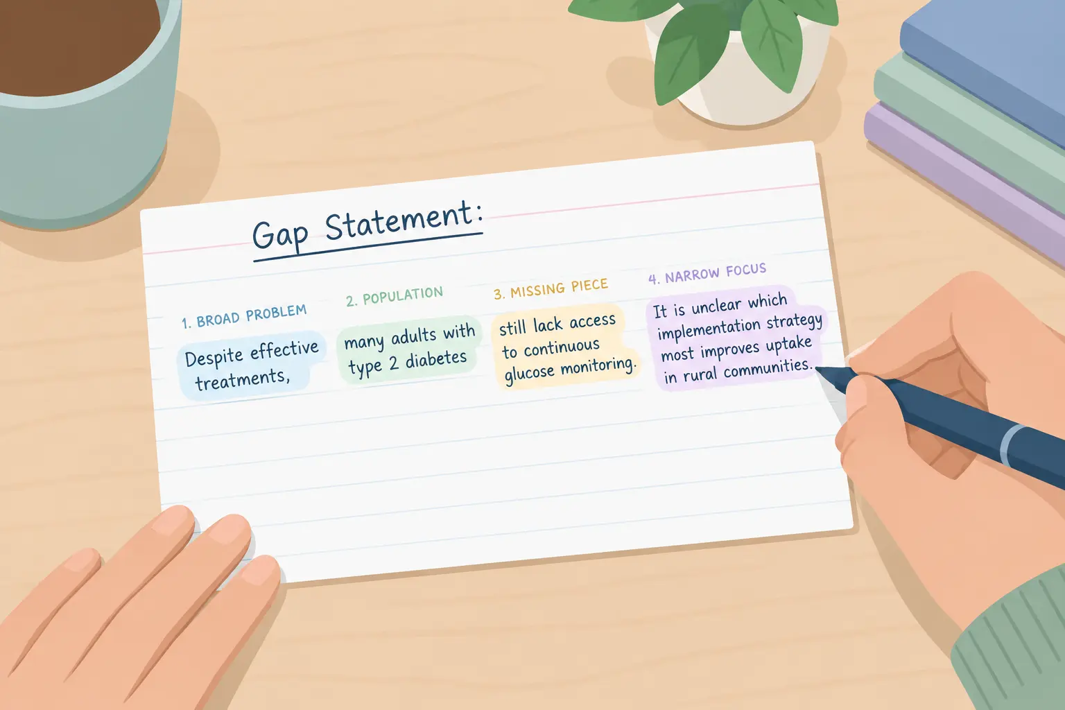 Writing a funnel-structured gap statement from broad problem to narrow missing piece