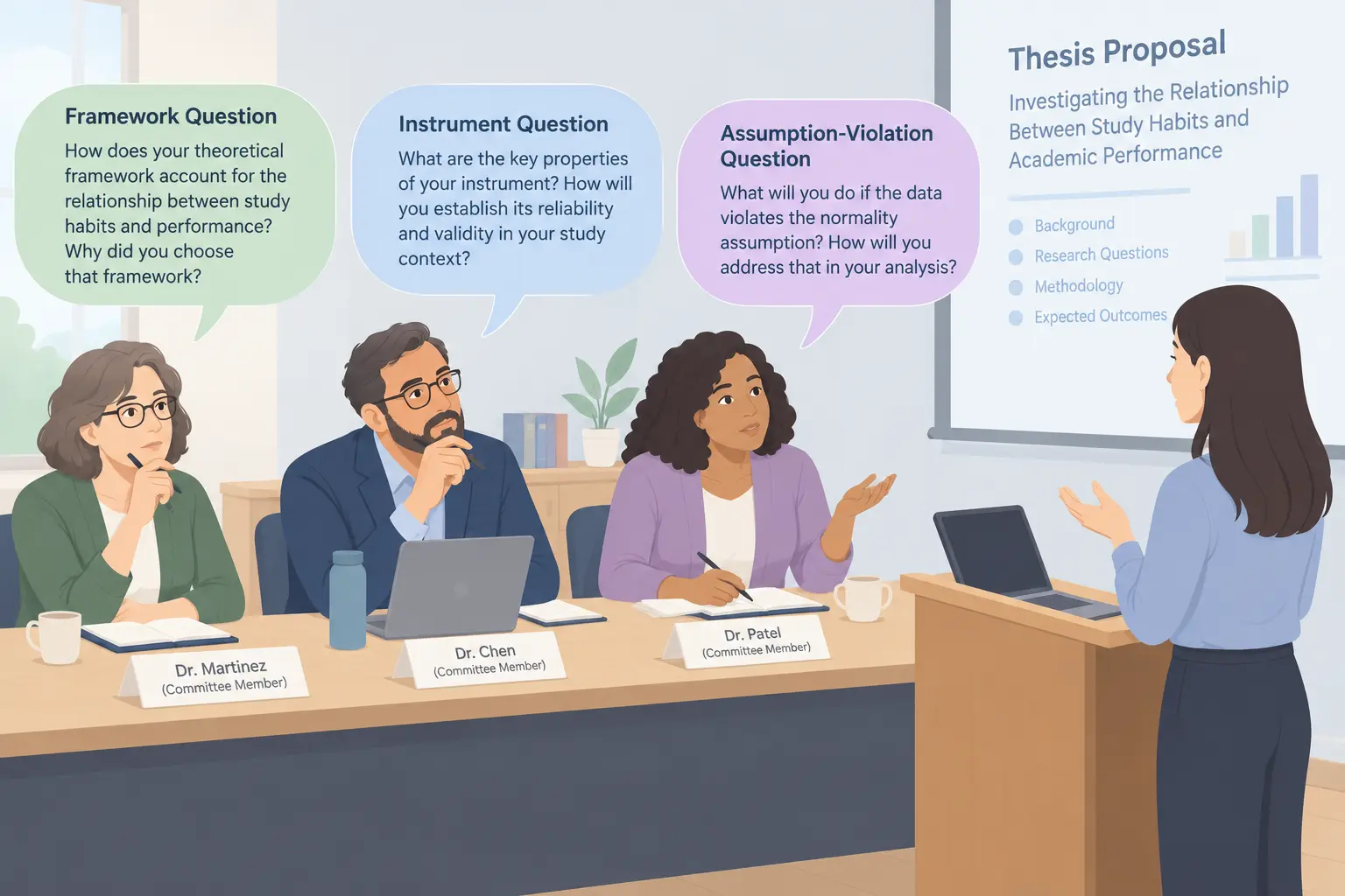 Rehearsing answers to the three kinds of questions a committee asks at a thesis proposal defense