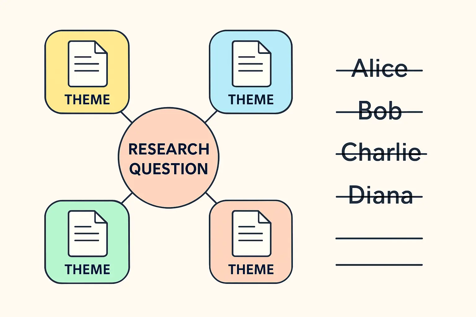 Thematic mind-map structure for a literature review contrasted with a rejected author-by-author list