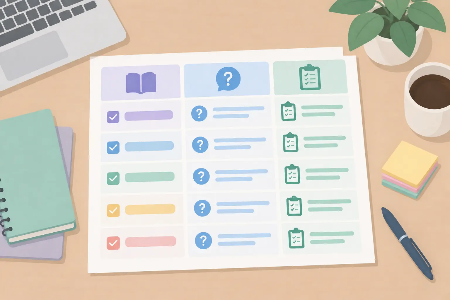 Checklist of defined terms aligned with research questions and instruments on a desk
