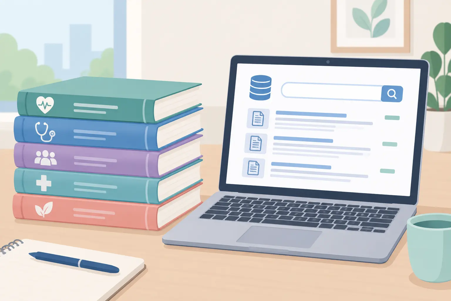 Stack of health management journals beside a laptop showing a database search