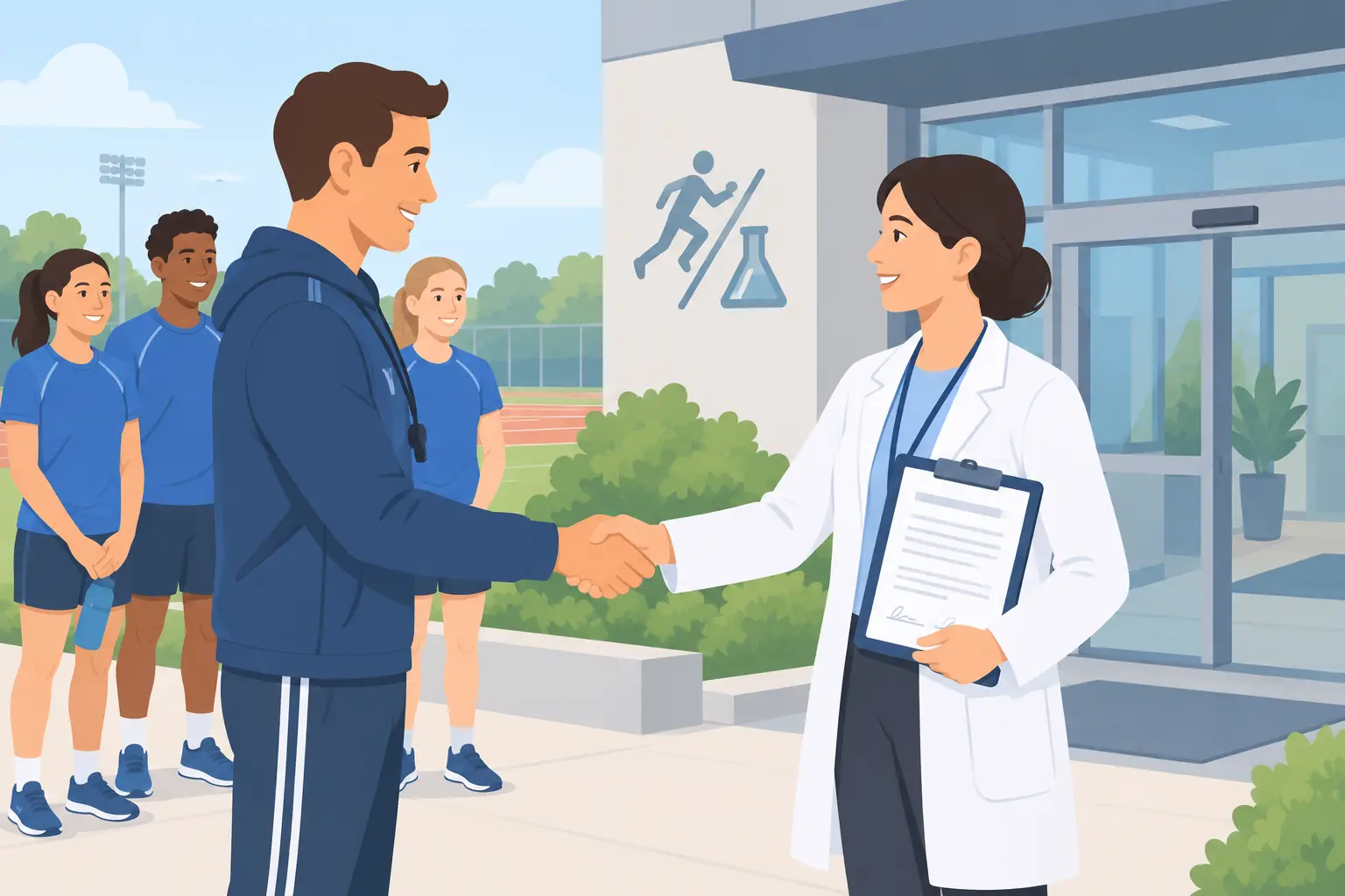Coach and researcher shaking hands at a training facility with a consent form