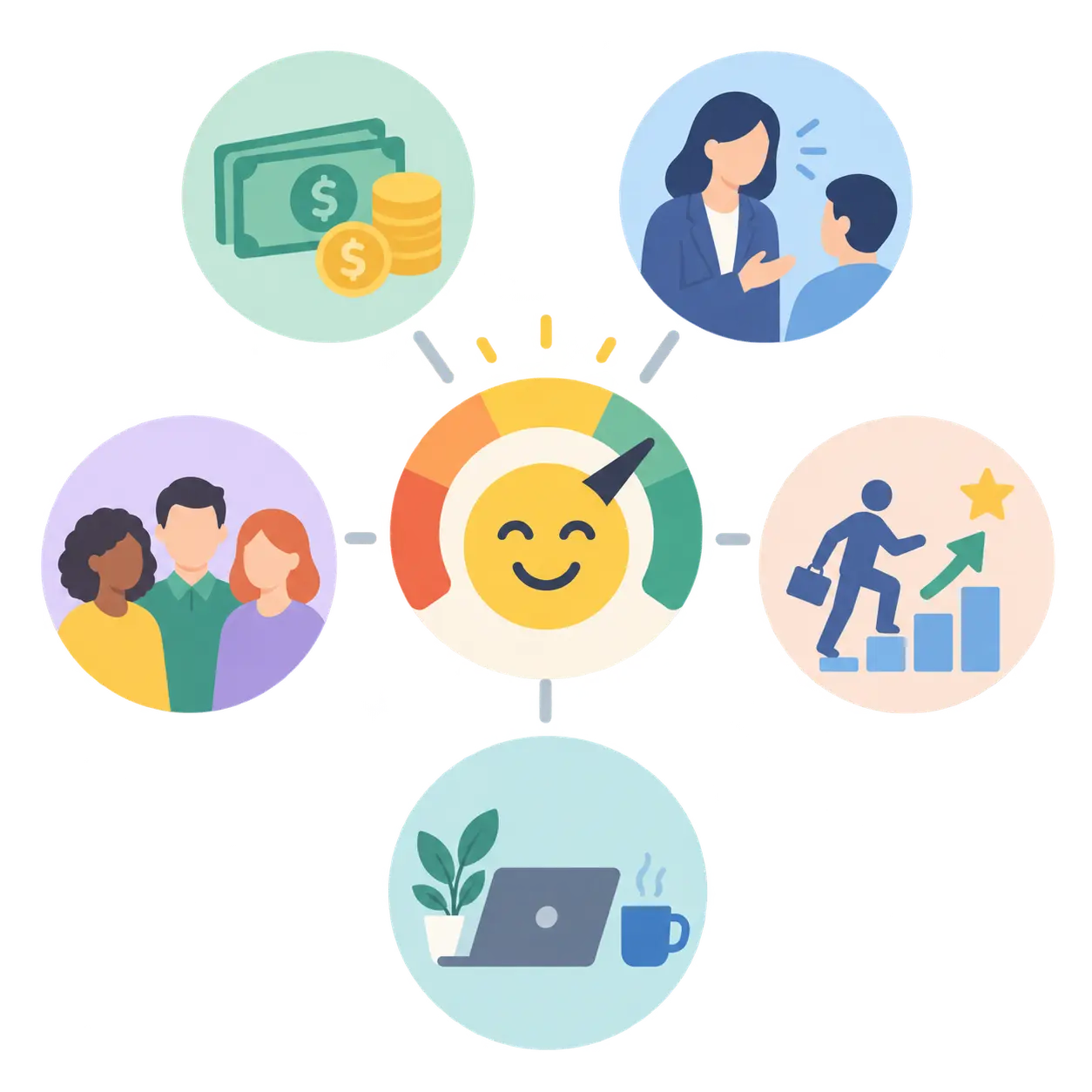 Icons for pay, supervision, coworkers, promotion and the work itself around a satisfaction gauge