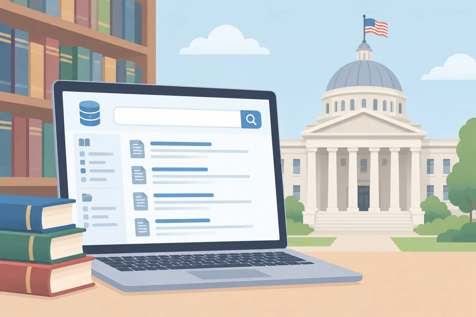 Library database search screen beside a government justice department building