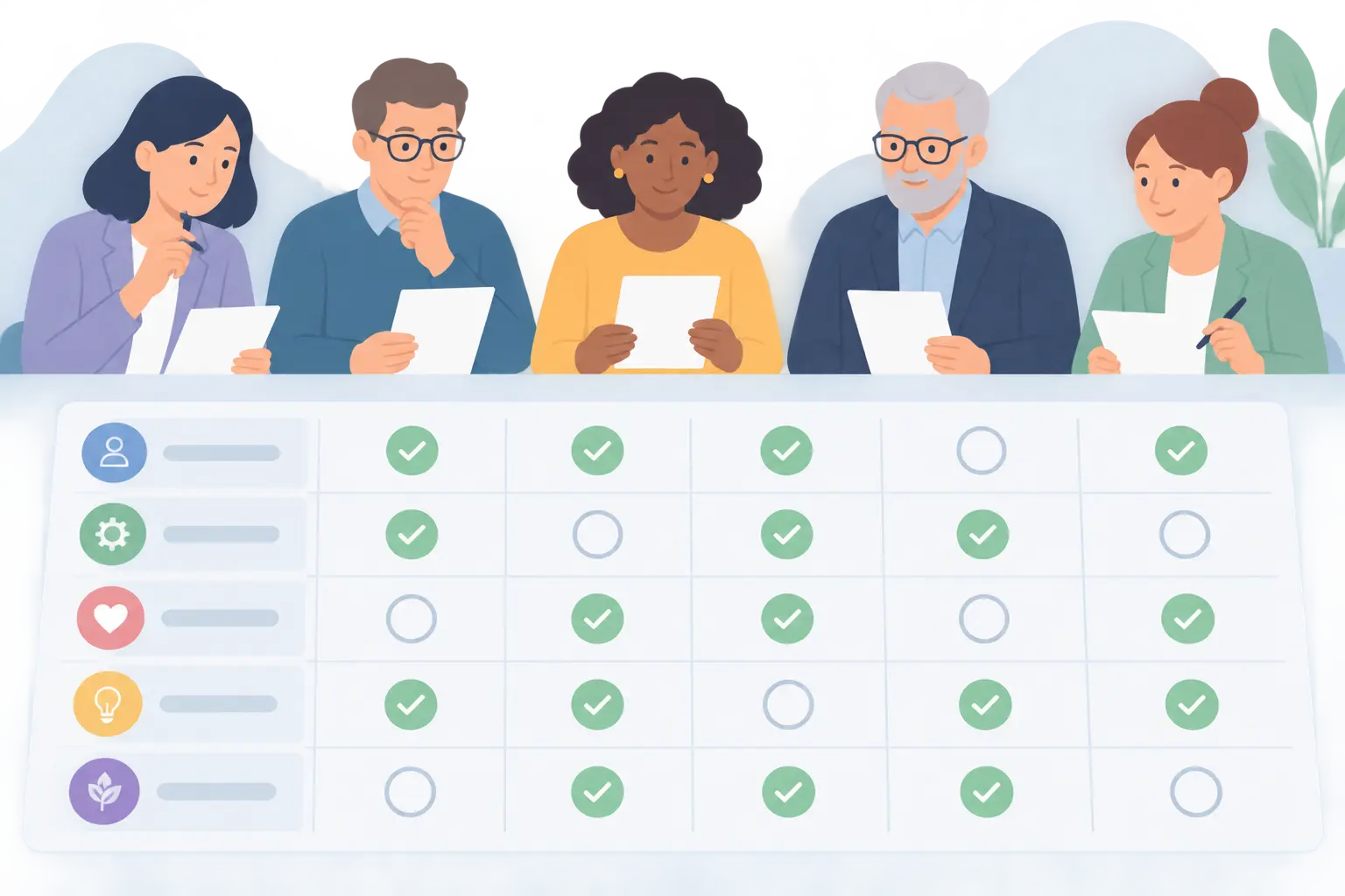 Panel of experts rating survey items on a grid with agreement marks