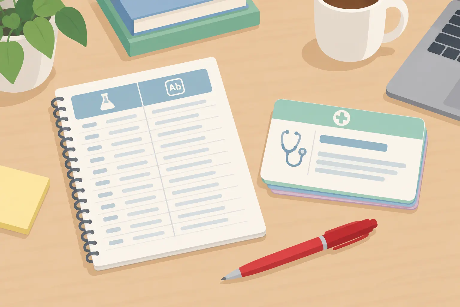 Editing desk with a red pen, units and abbreviations list and a clinical term card
