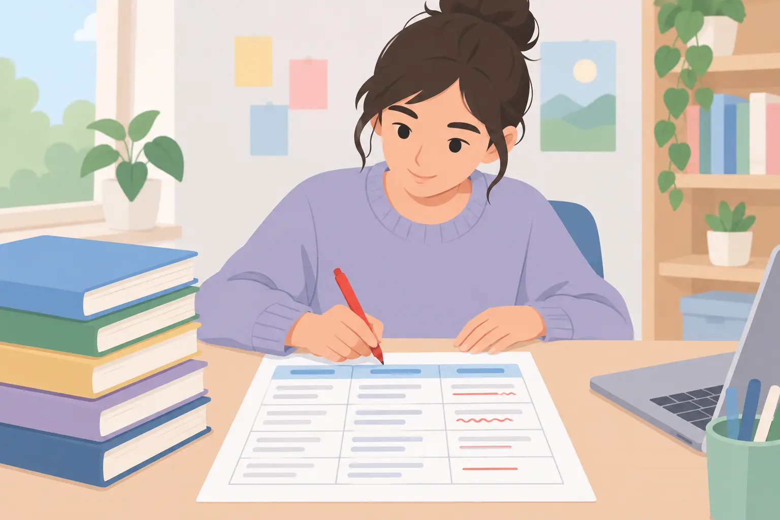 Student editing a definitions table with a red pen beside a stack of sources