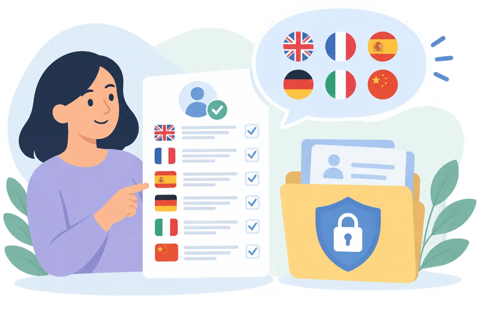 Consent form in several languages with a speech bubble and protected data folder