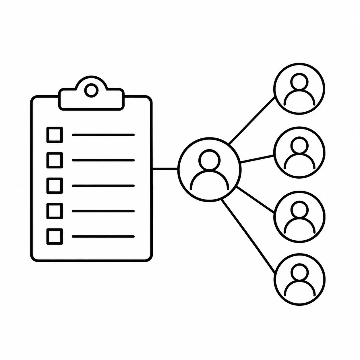 Line drawing of a survey clipboard linking a leader and several followers