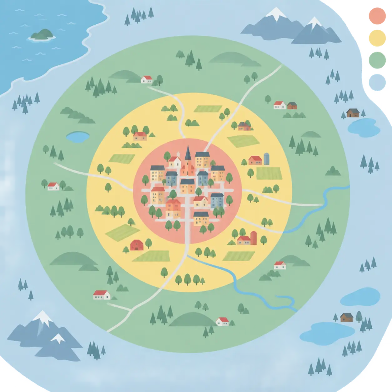 Map with concentric zones showing town, fringe, distant and remote rural locales
