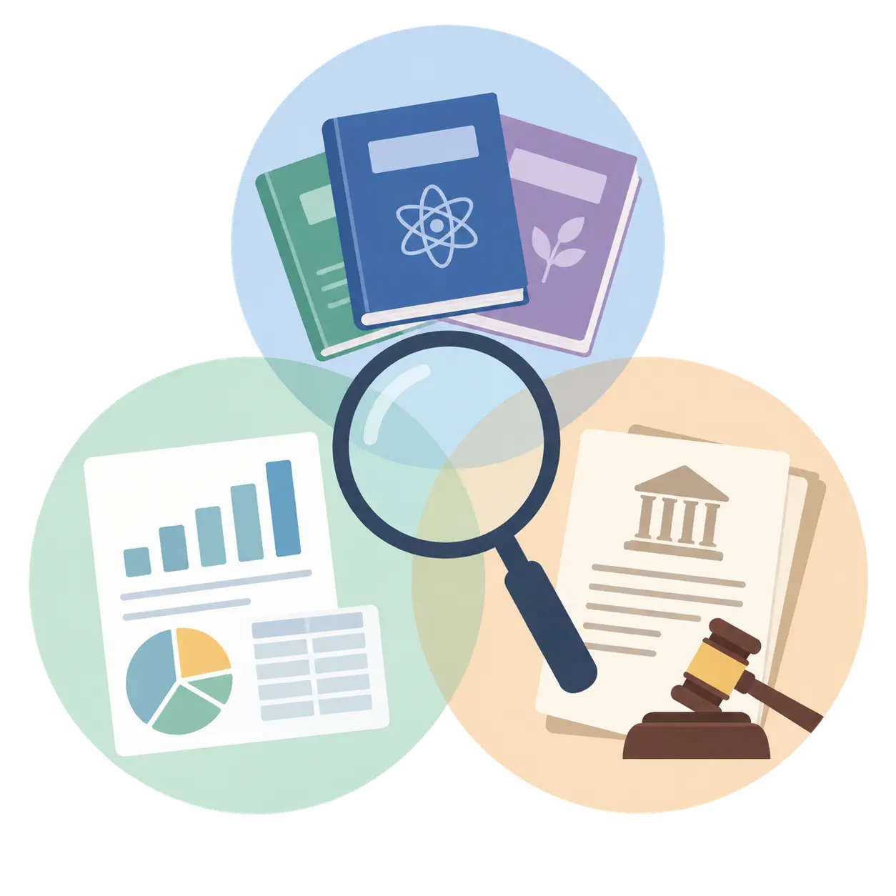 Three overlapping circles of journals, official statistics and court documents