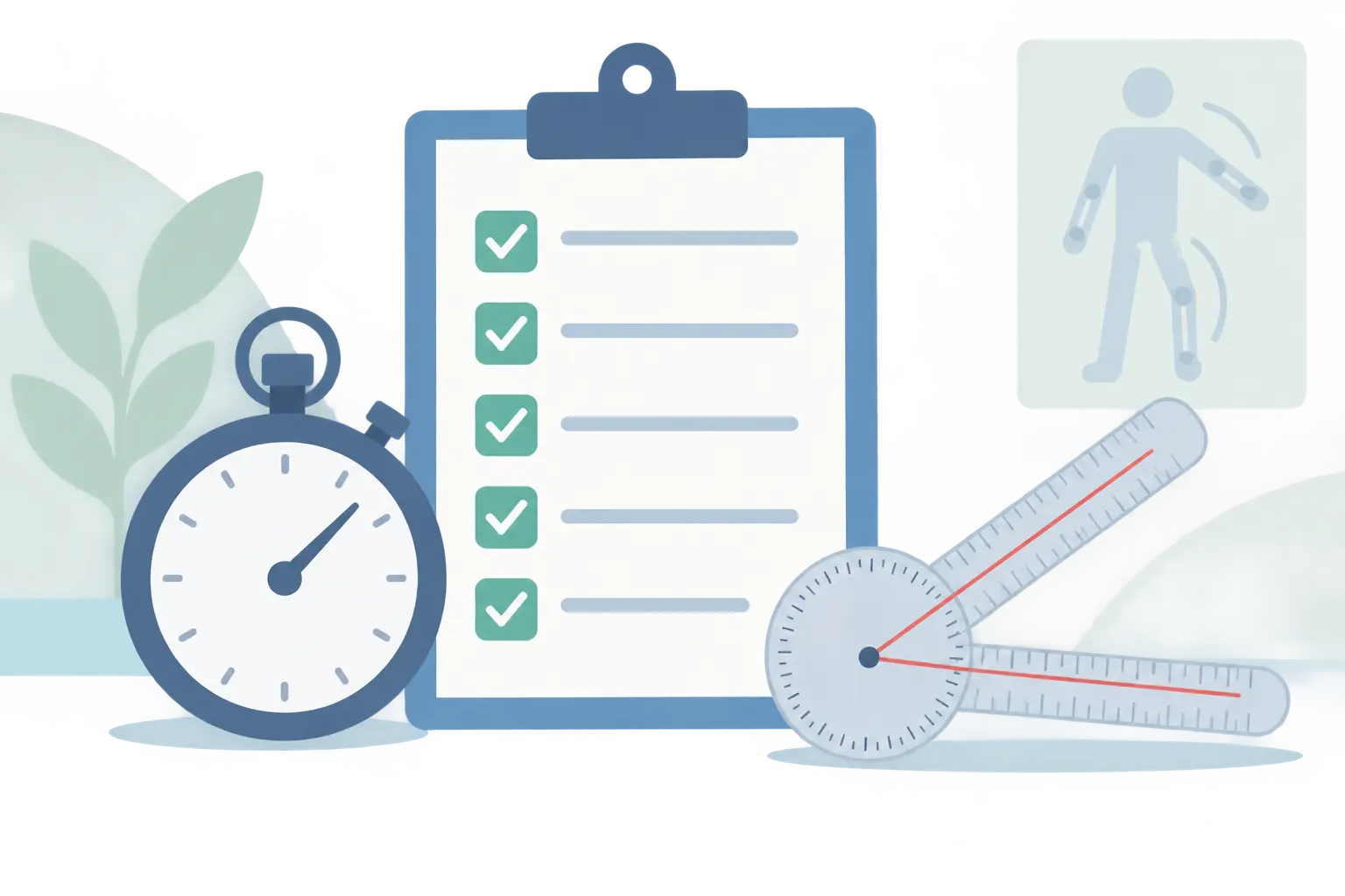 Outcome measure checklist with a stopwatch and goniometer