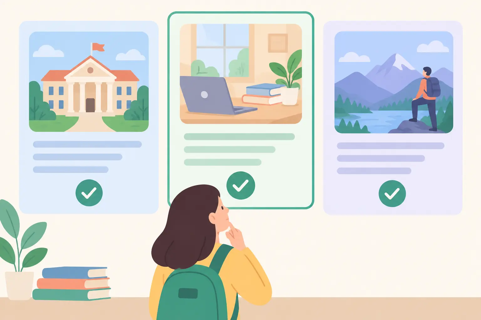 Three comparison cards side by side with check marks and a student choosing one