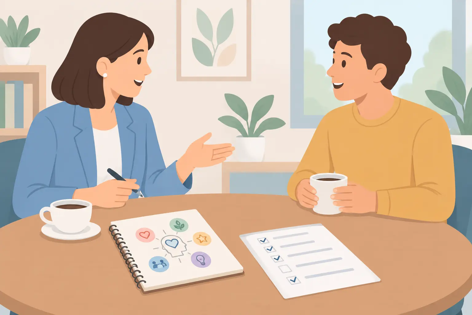 Interviewer and consumer talking with a notebook of beliefs and a survey form