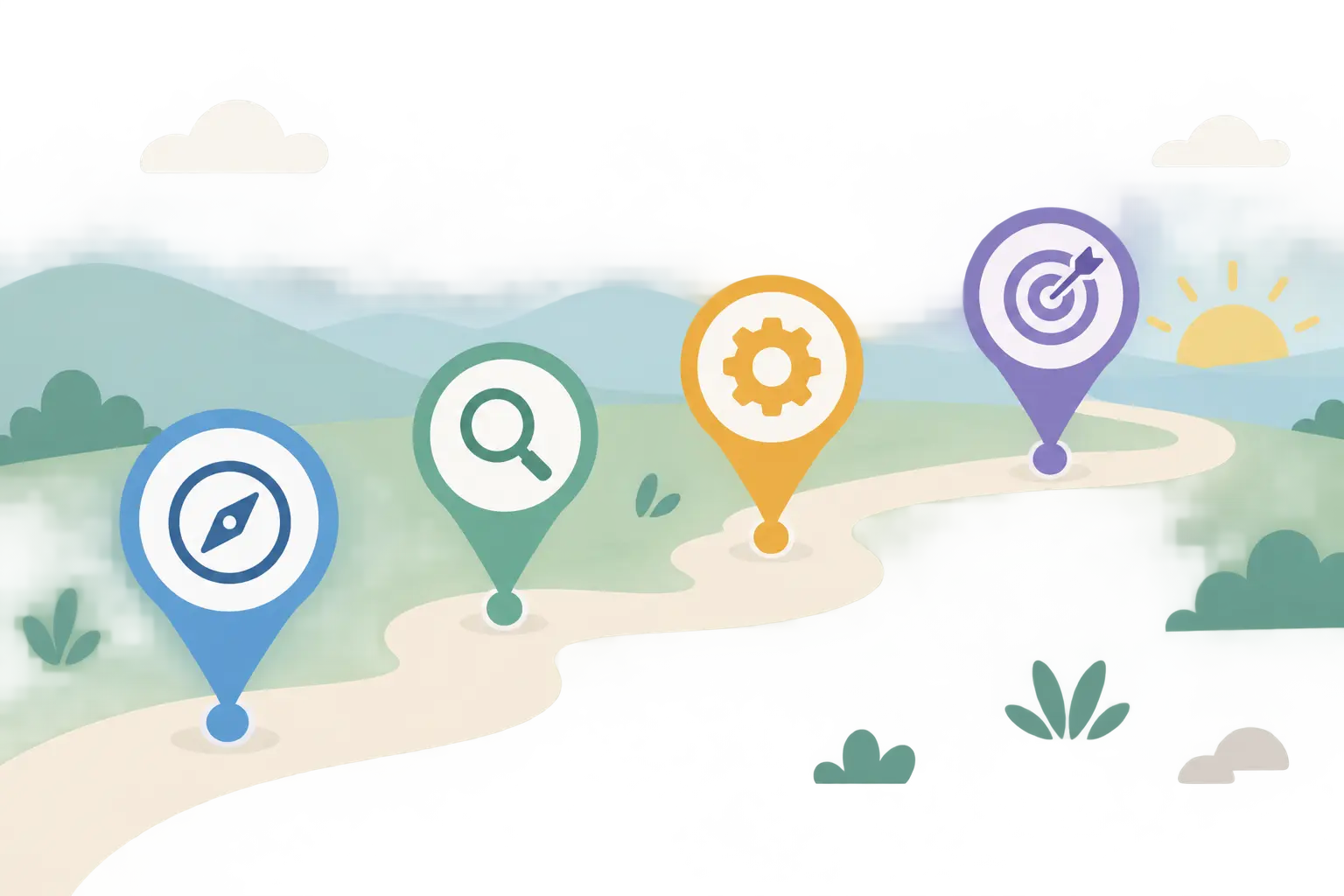Four stage markers along a winding path representing phases of a nurse-patient relationship