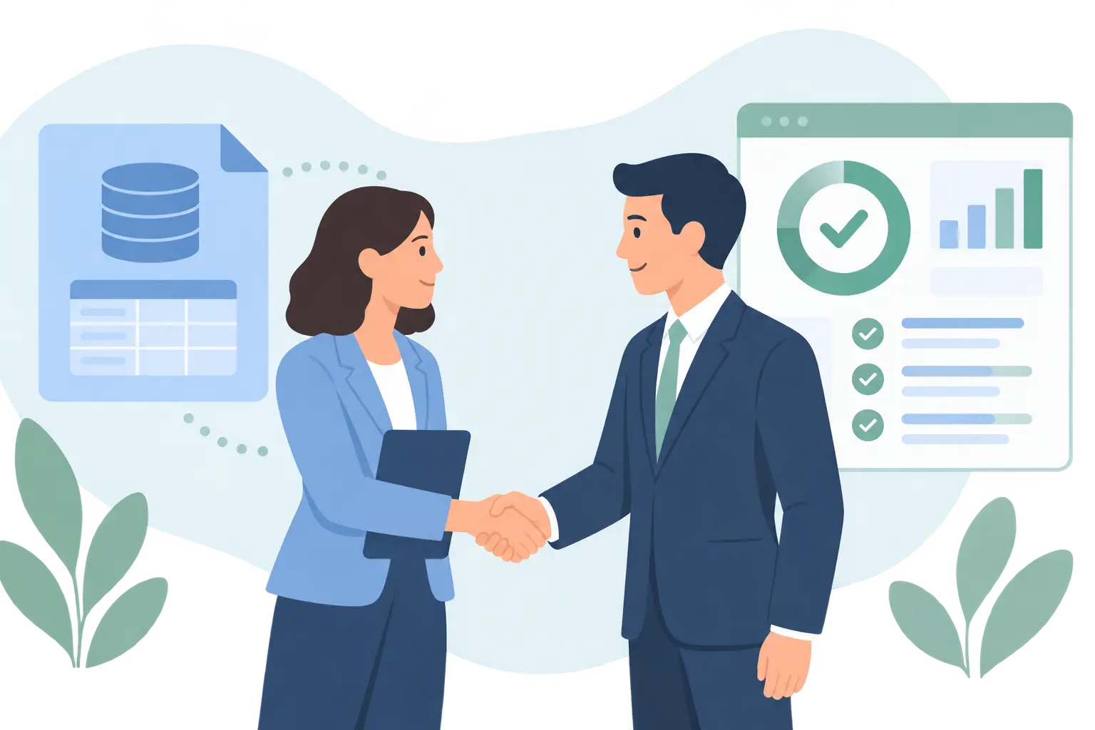 Professional association handshake with a dataset file and a quality dashboard