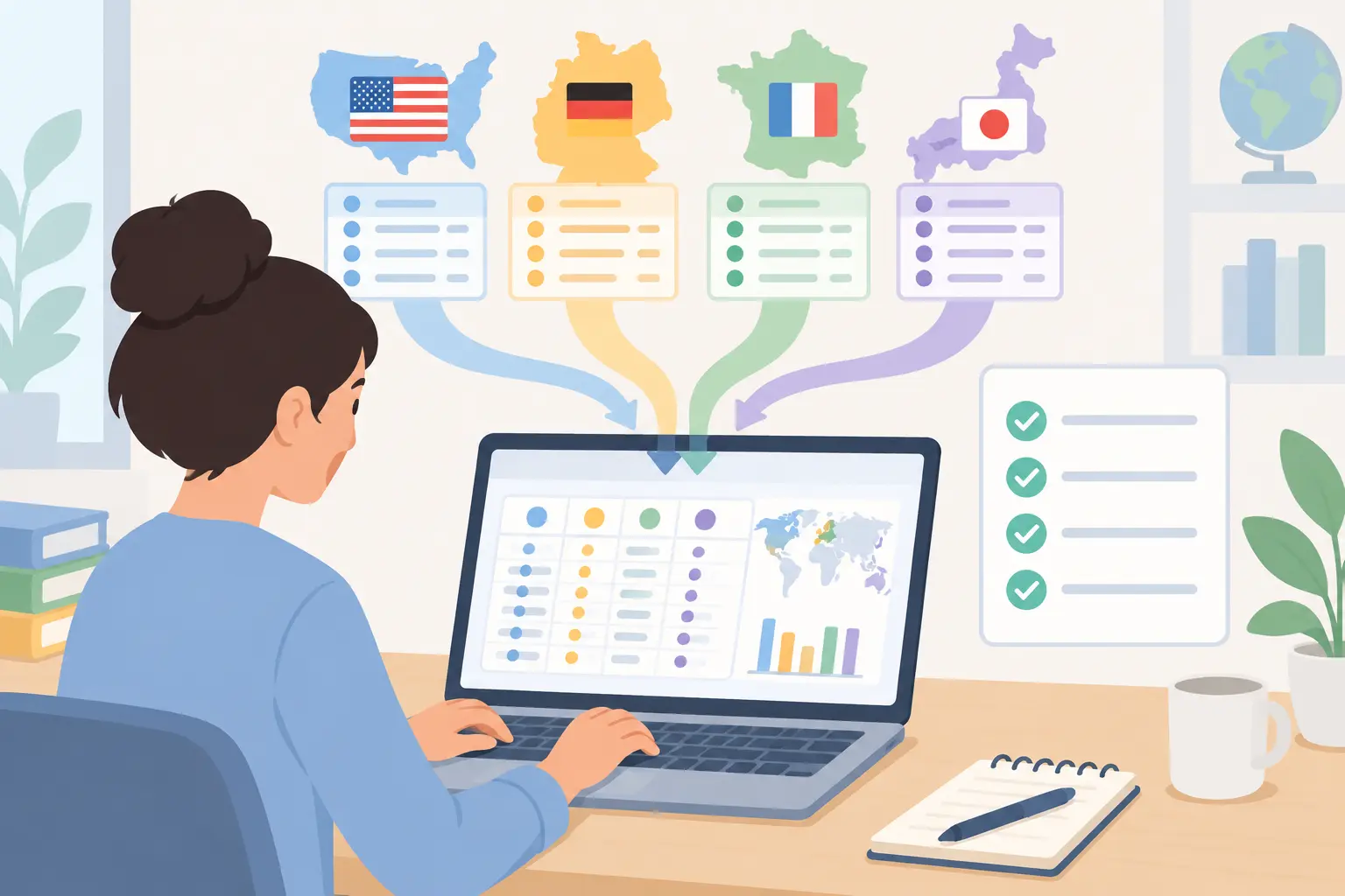Illustration of a researcher merging cross-national datasets for a thesis