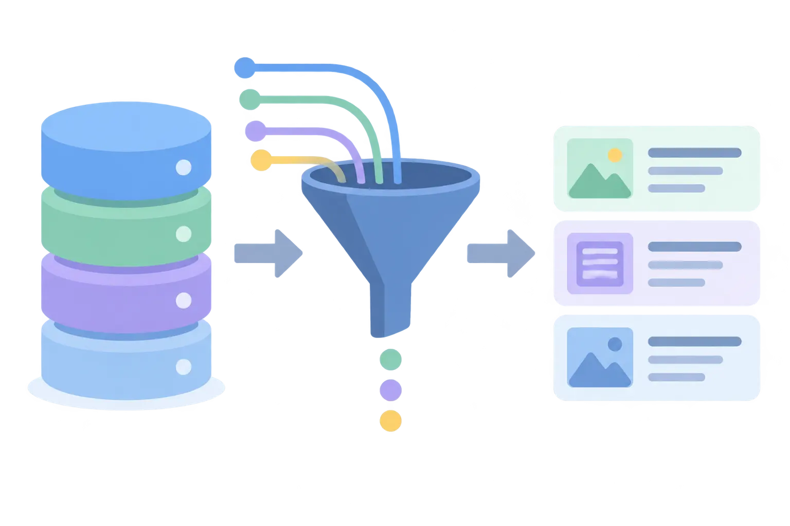Stack of database icons with a funnel producing a short list of articles