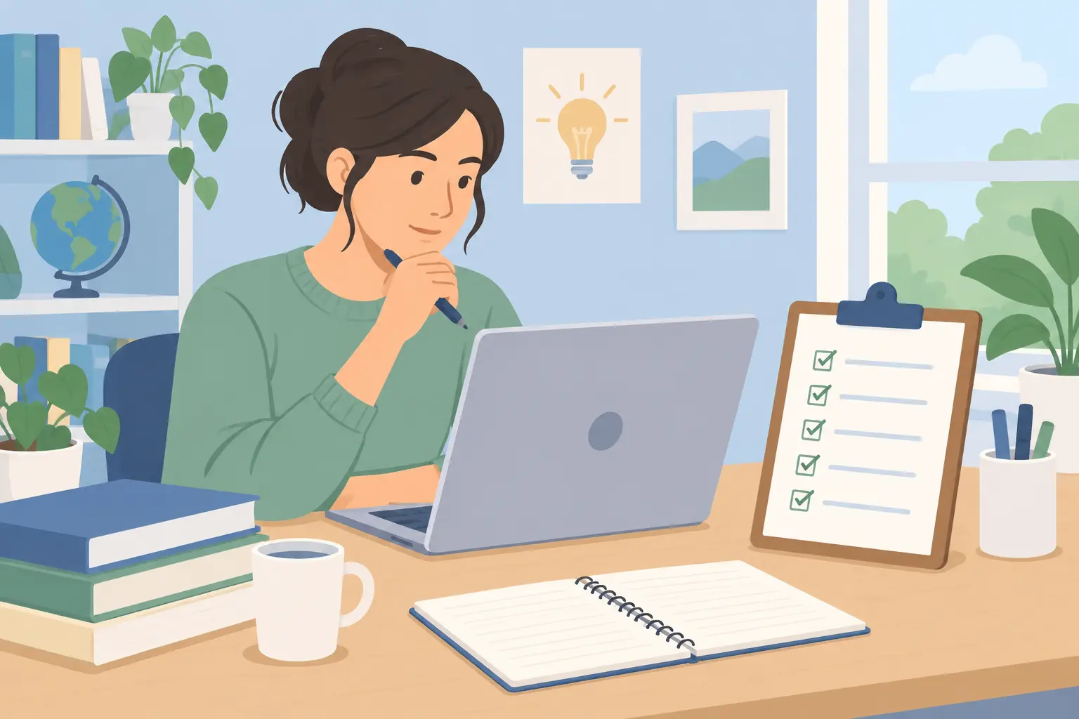 Researcher drafting a research question with a checklist