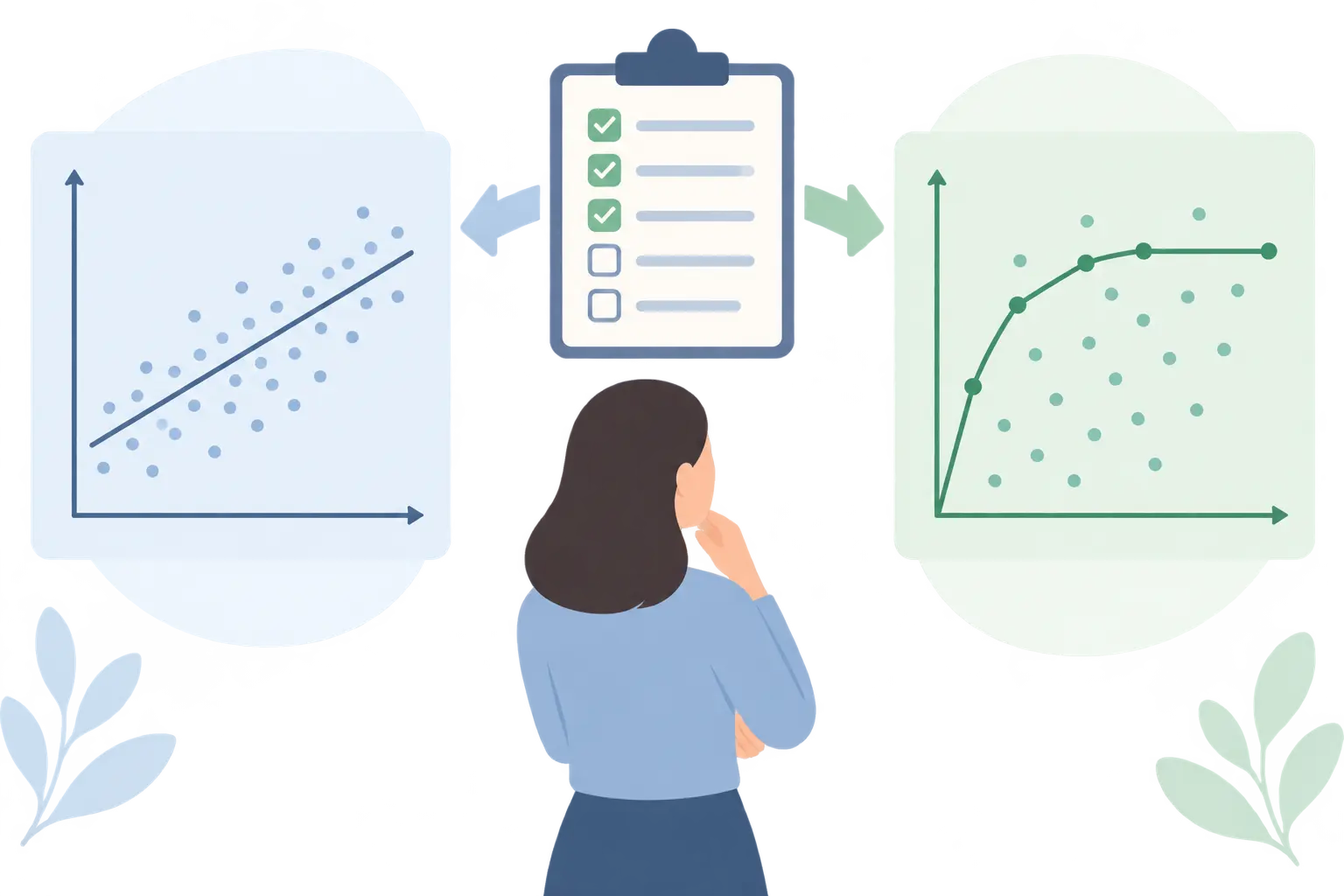 Scatter plot and decision checklist for choosing between regression and DEA