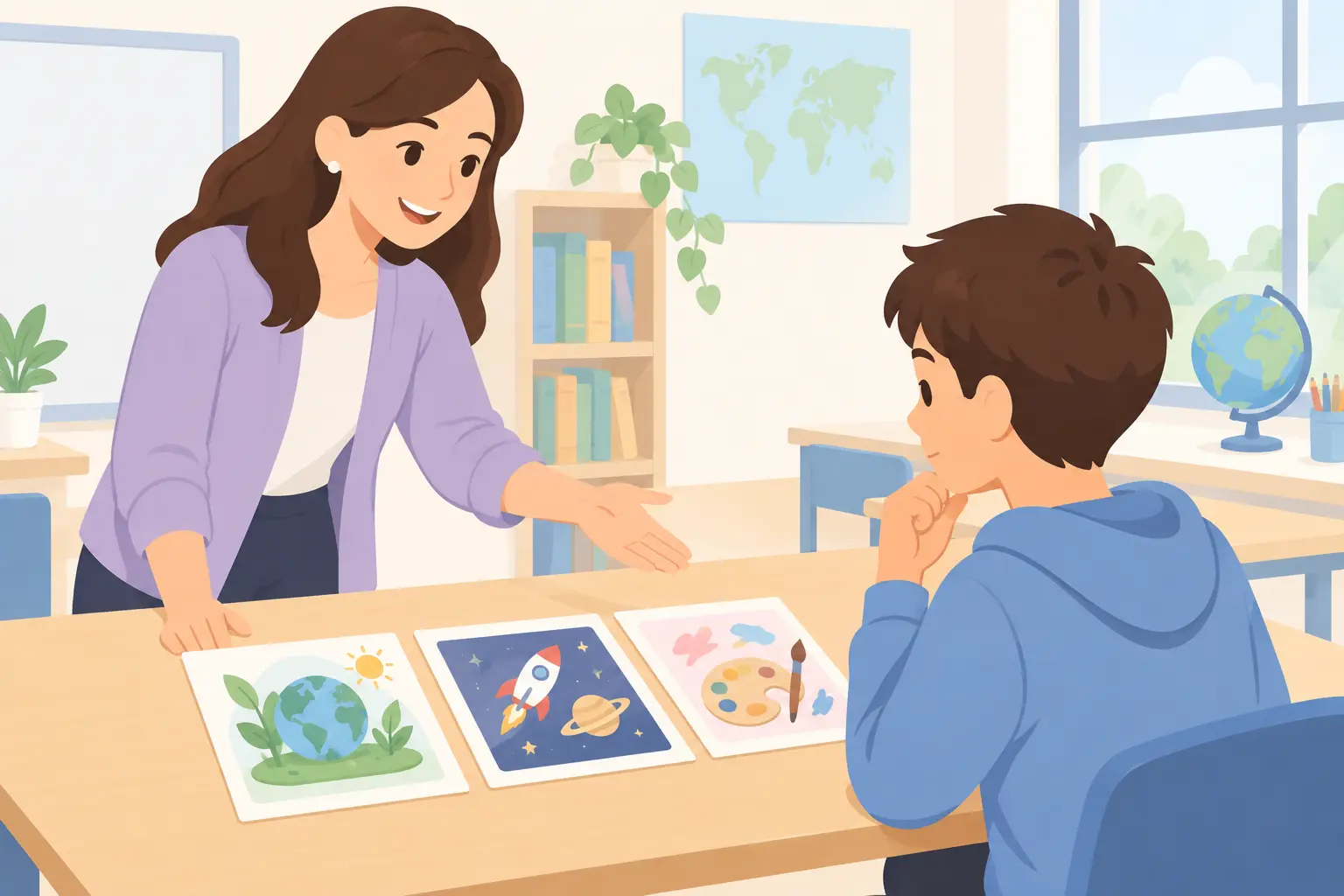 Teacher offering a student a choice between three project cards in a classroom