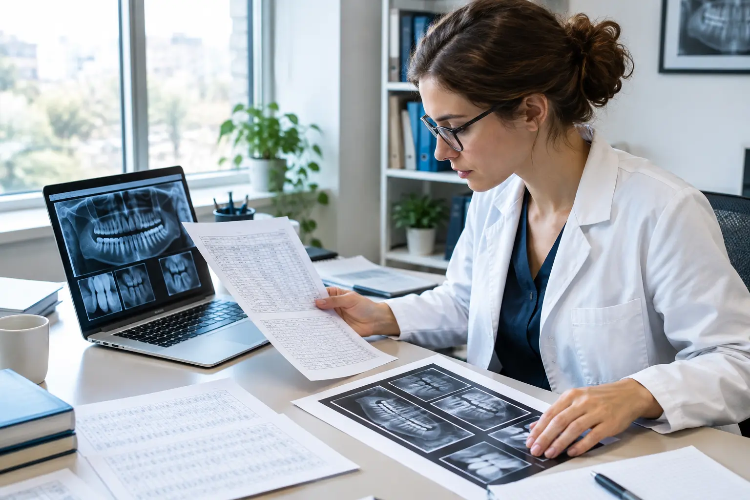 Researcher comparing statistical tables and dental images at a desk