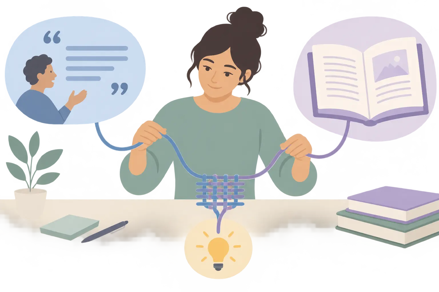 Researcher connecting an interview quote bubble with a literature book