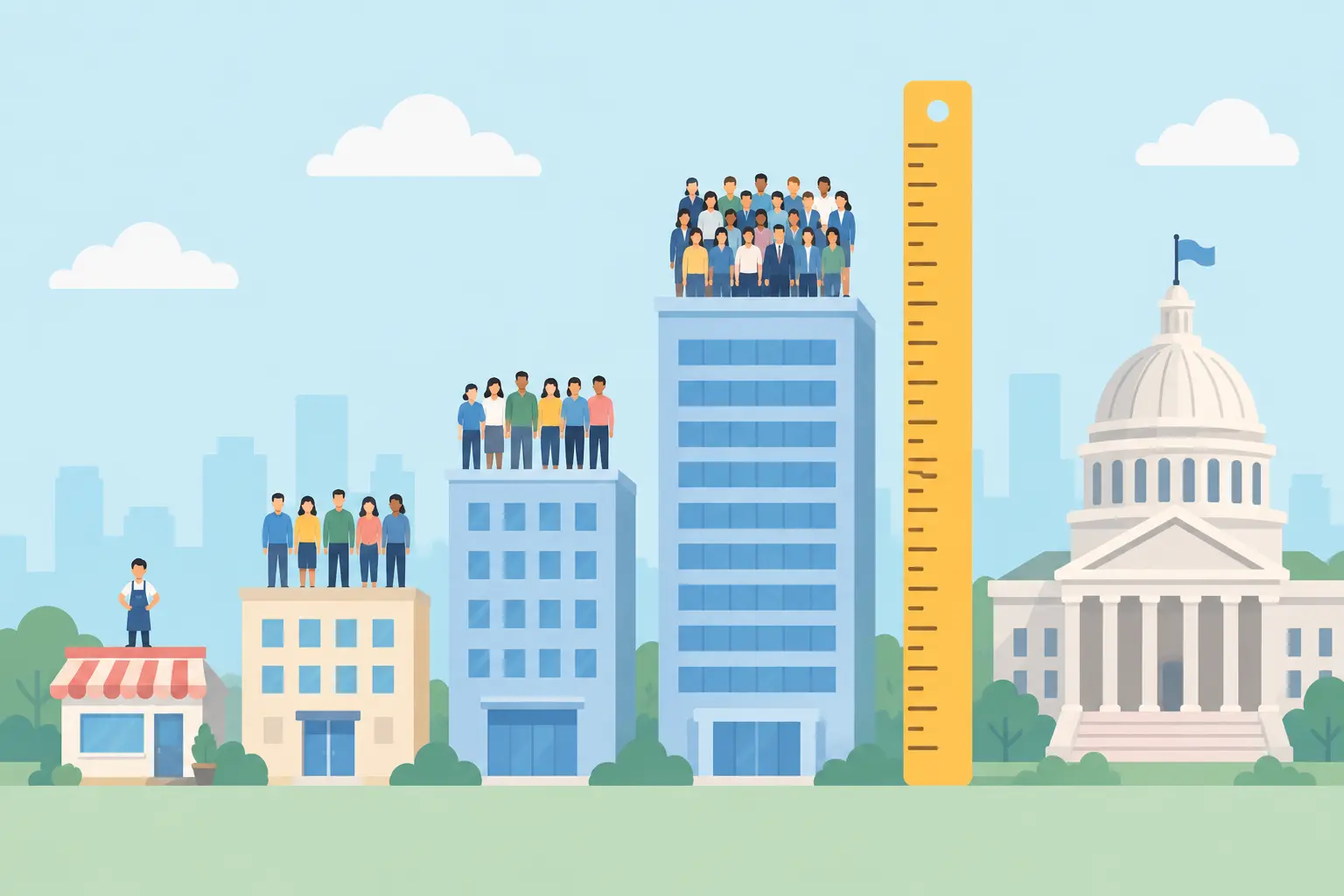 Size ladder of businesses by employee count with a ruler