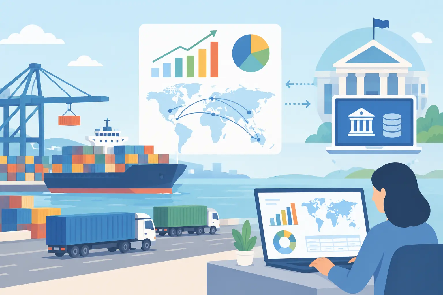 Trade statistics chart with ports, trucks and a government data portal