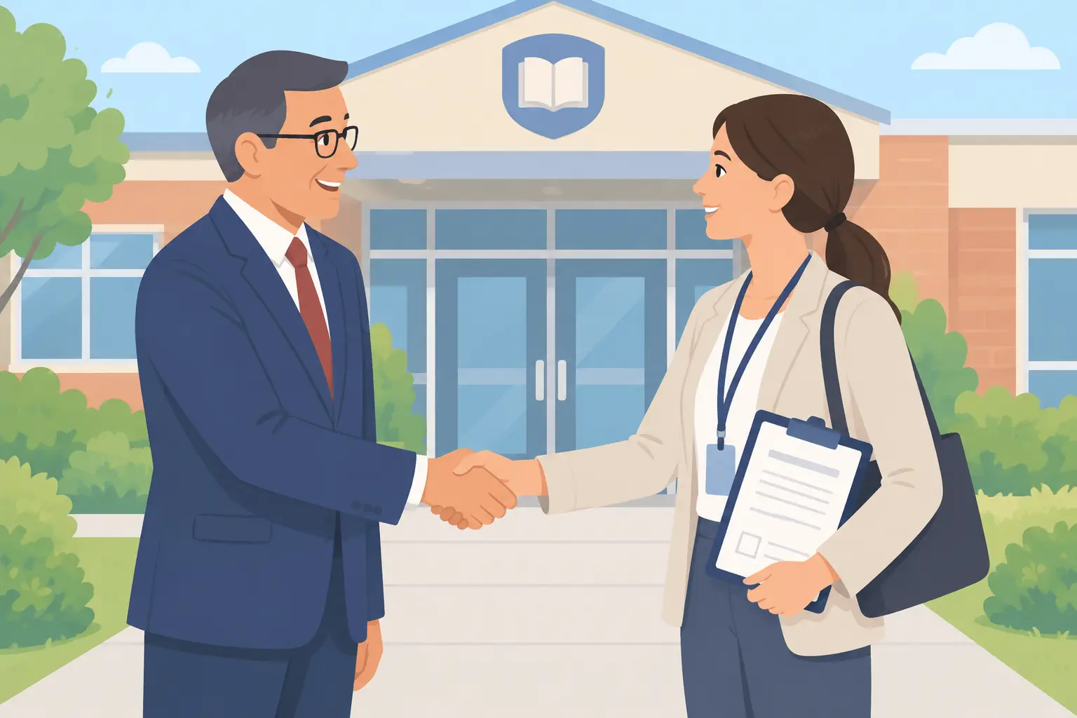 Principal and researcher shaking hands at a school entrance with a permission form