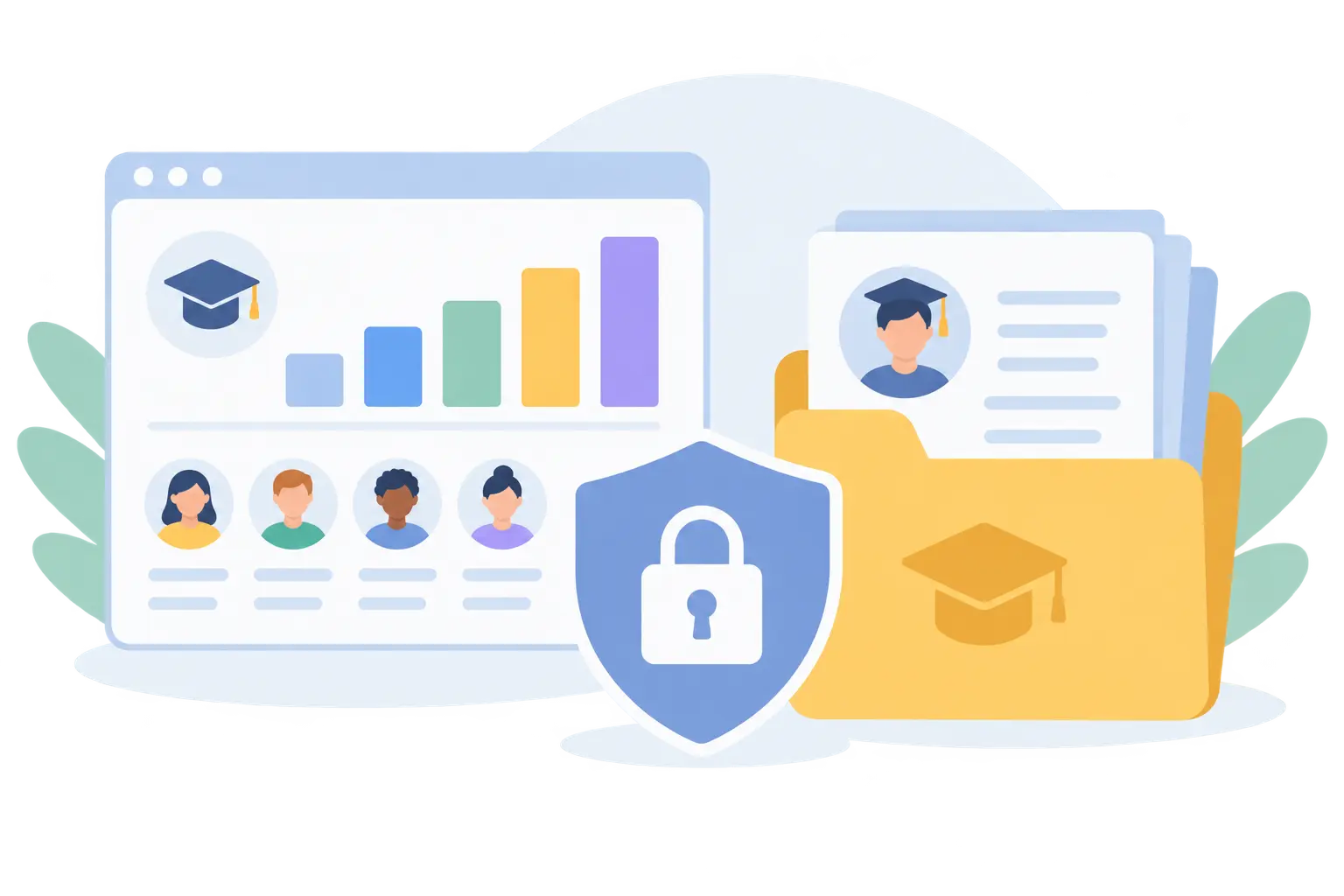 Data dashboard with enrollment bars, a privacy lock and a student record folder