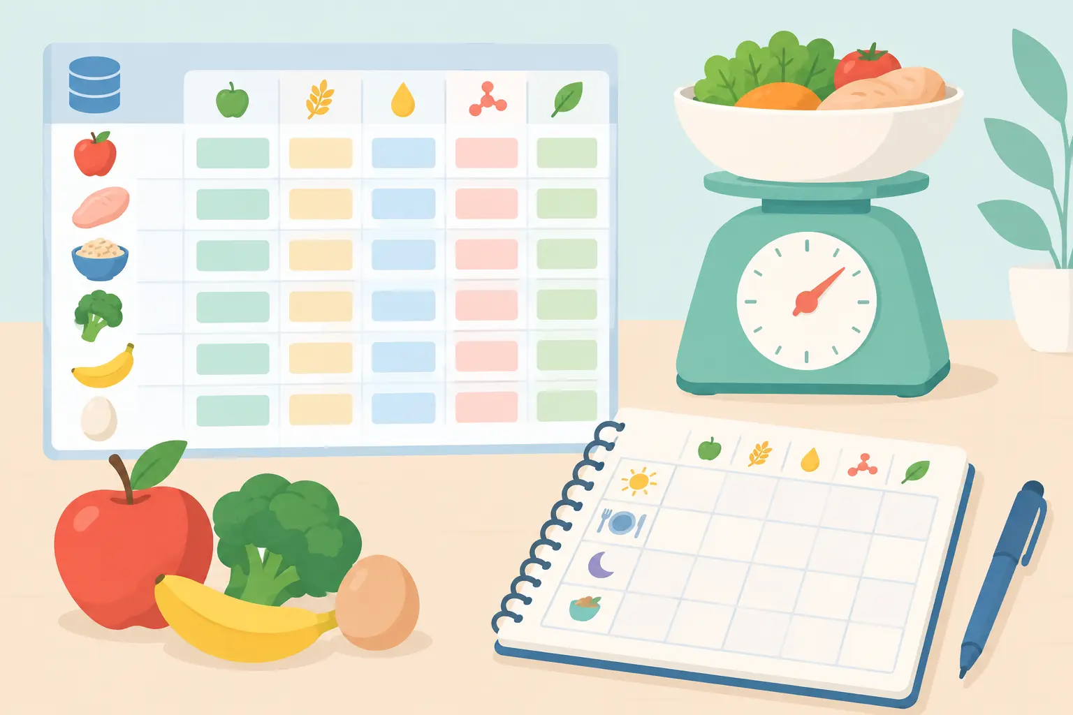 Food database table with nutrient values, a scale and a food record notebook