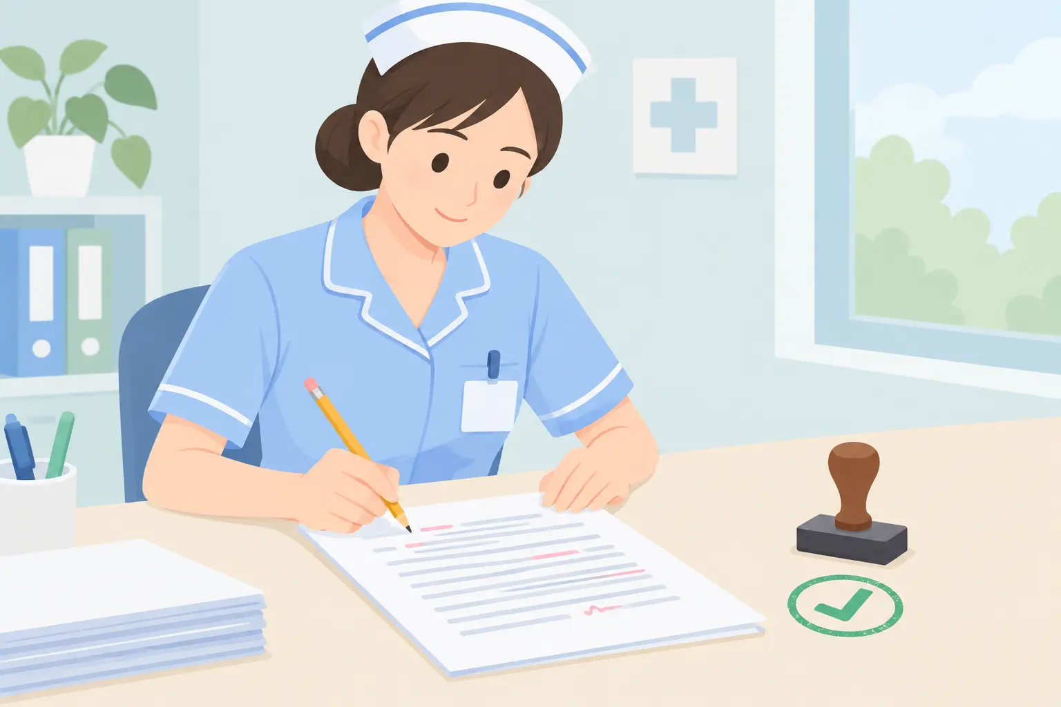 Nurse revising a draft page with a pencil beside an approved stamp