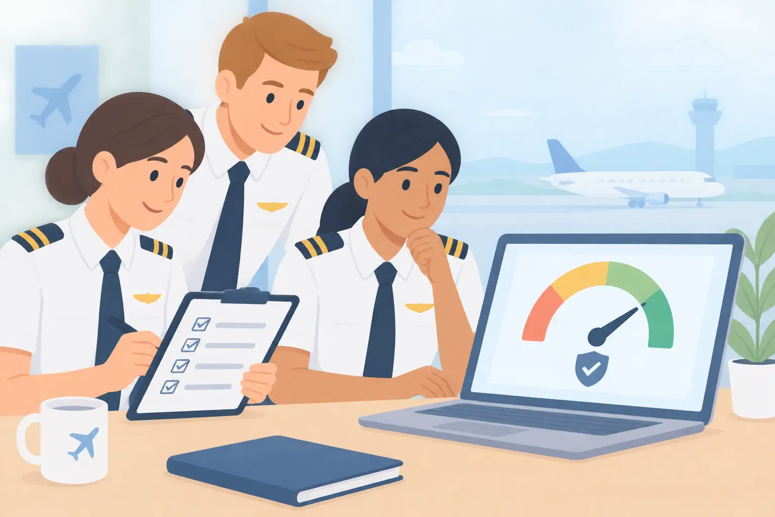 Small pilot group completing a survey beside a reliability gauge on a laptop